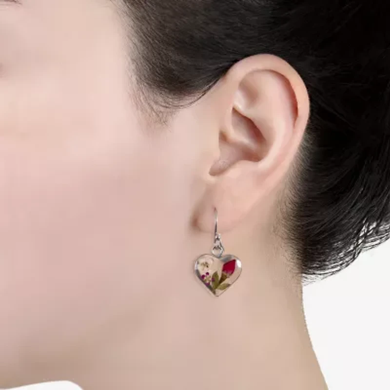 Everlasting Flower Limited Quantities! Real Pressed Flowers Womens Sterling Silver Heart Drop Earrings
