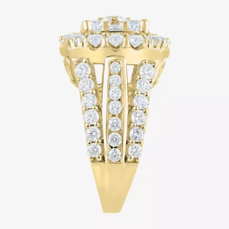(G/Si2) Womens 4 CT. T.W. Lab Grown White Diamond 10K Gold Cushion Halo Side Stone Cocktail Ring