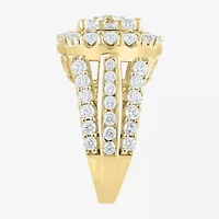 (G/Si2) Womens 4 CT. T.W. Lab Grown White Diamond 10K Gold Cushion Halo Side Stone Cocktail Ring