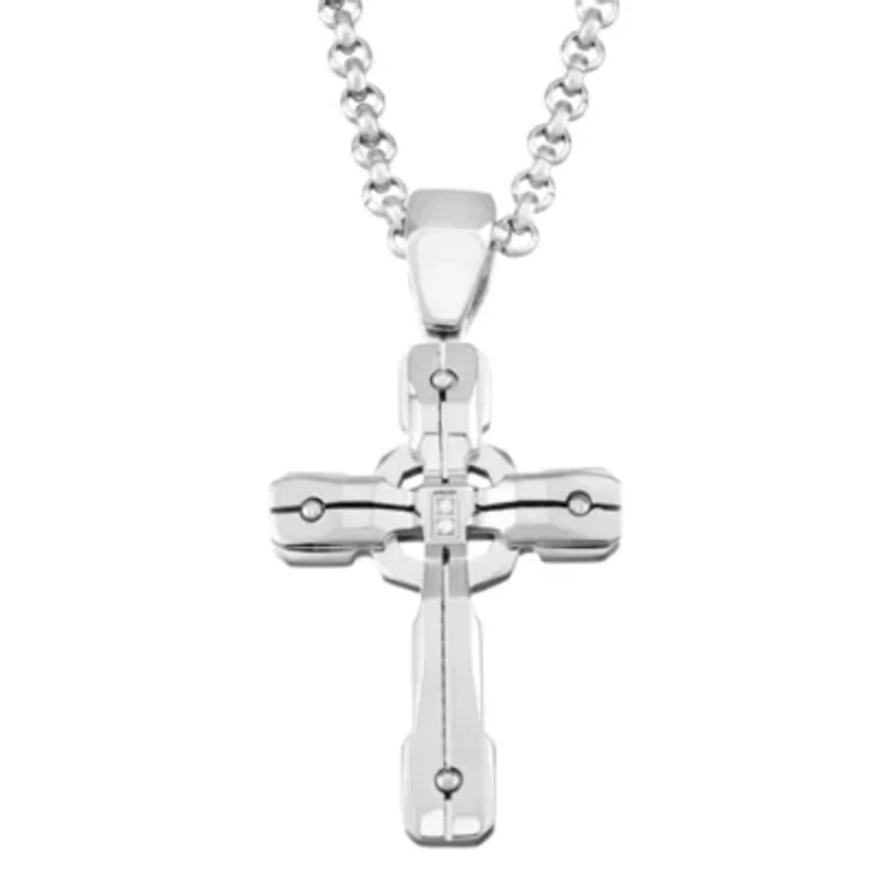 Mens Diamond Accent Genuine White Diamond Stainless Steel Cross 24 Inch Pendant Necklace