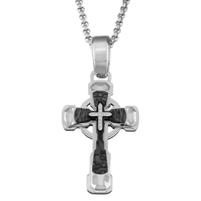 Mens Diamond Accent Natural White Diamond Stainless Steel Cross 24 Inch Pendant Necklace