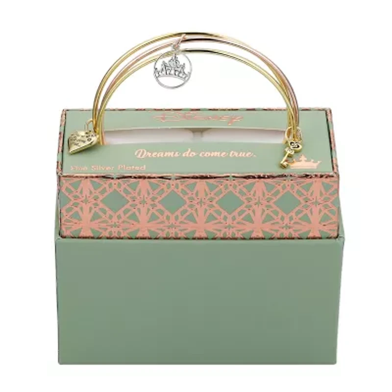 Disney Classics Gold Plate Over Brass Womens Stainless Steel Crown Heart Keys Princess Bangle Bracelet