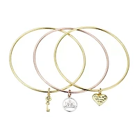 Disney Classics Gold Plate Over Brass Womens Stainless Steel Crown Heart Keys Princess Bangle Bracelet