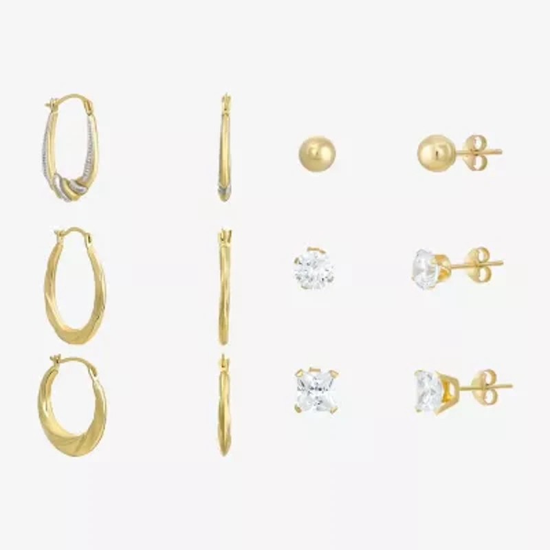 Women's Cubic Zirconia 14K Gold 6 Pair Earring Set