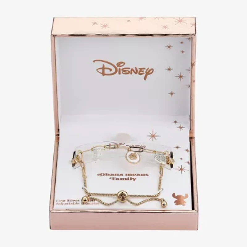Disney Classics Family Ohana Womens Cubic Zirconia 14K Gold Over Brass Flower Heart Lilo & Stitch Bolo Bracelet