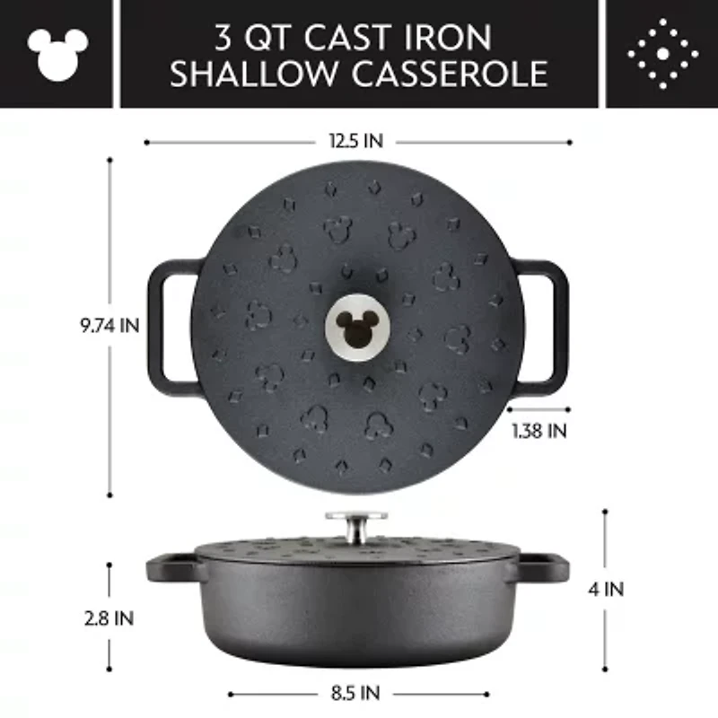 Farberware Disney Monochrome Pre Seasoned Cast Iron 3-qt. Shallow Casserole with Lid