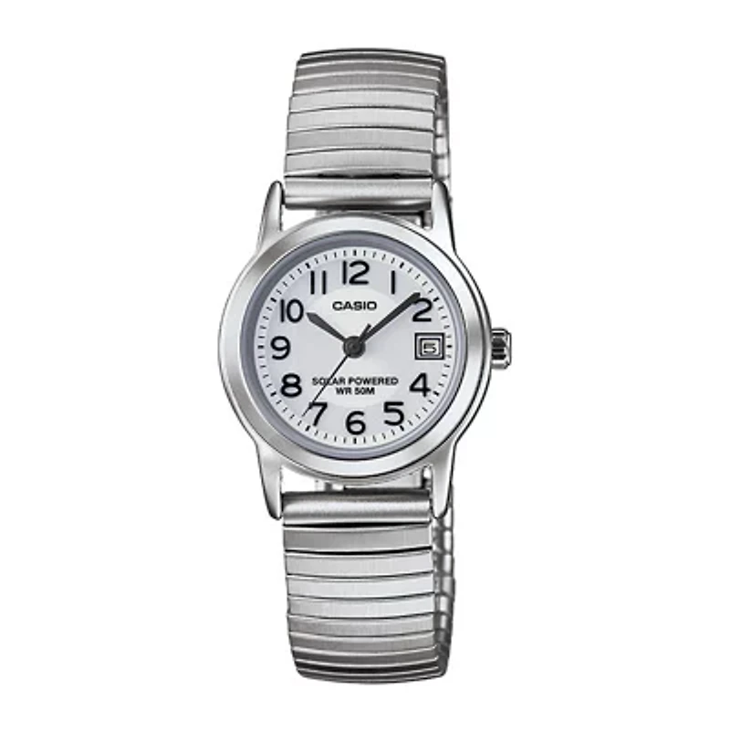 Casio® Womens White Dial Stainless Steel Expansion Solar Watch LTPS100E-7BV