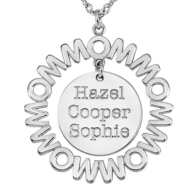 Personalized "Mom" with Child Names Circle 27mm Pendant Necklace