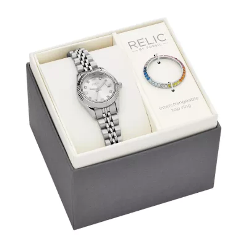 Relic By Fossil Keira Womens Crystal Accent Silver Tone Stainless Steel 2-pc. Watch Boxed Set Zr12613set