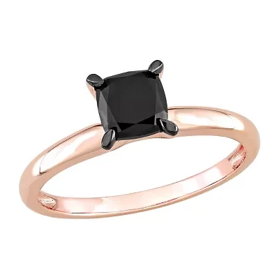 Midnight Black Womens 1 CT. Natural Diamond 14K Rose Gold Cushion Solitaire Engagement Ring