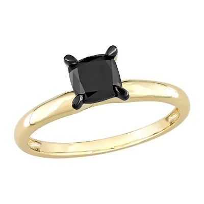 Womens 1 CT. Natural Black Diamond 14K Gold Cushion Solitaire Engagement Ring