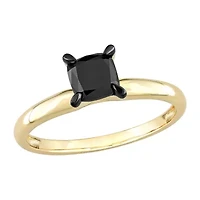 Womens 1 CT. Natural Black Diamond 14K Gold Cushion Solitaire Engagement Ring