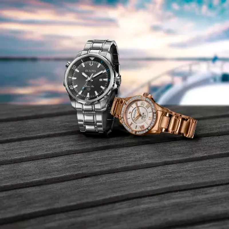 Bulova Marine Star Womens Diamond Accent Rose Goldtone Stainless Steel Bracelet Watch 98r295