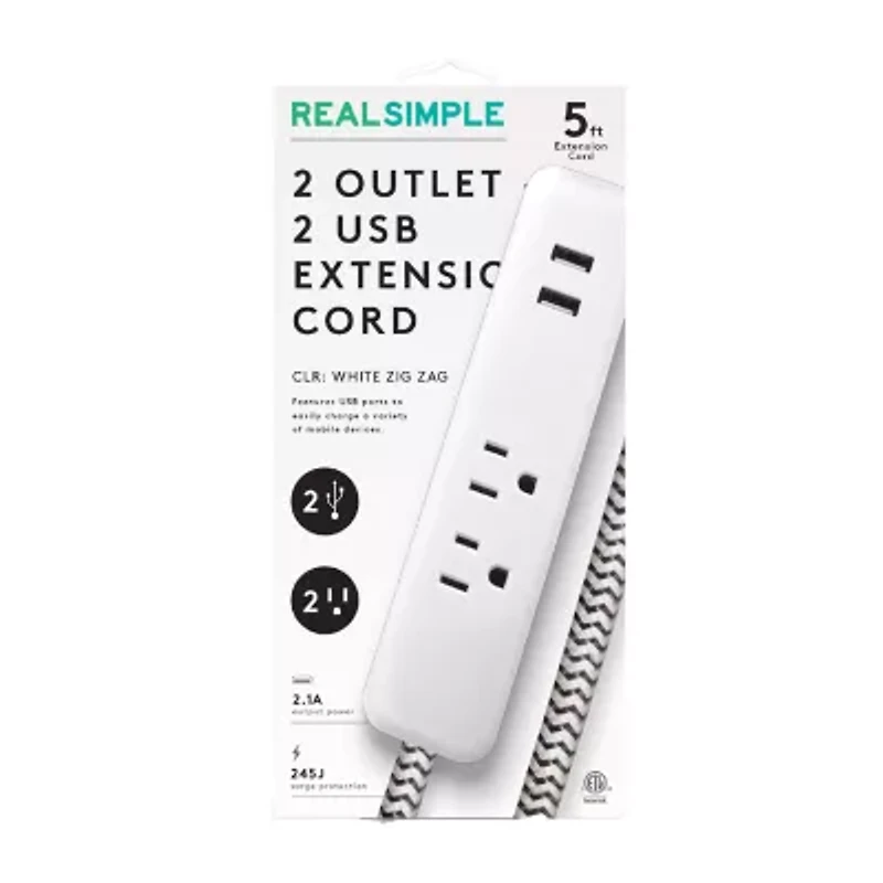 Real Simple 2 USB/2 Outlet 5 Foot Extension Cord