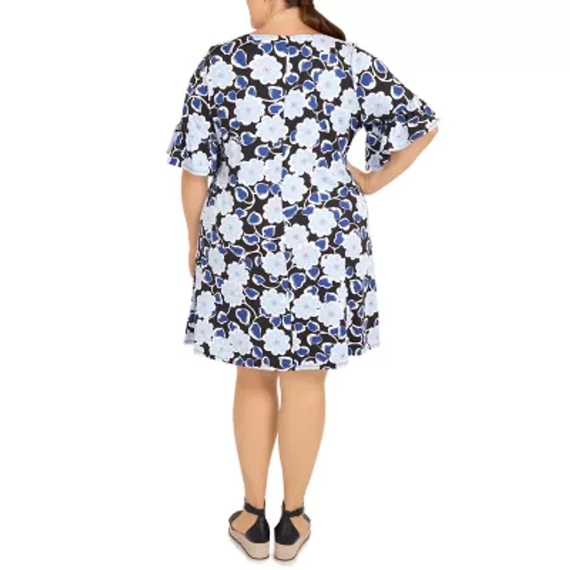 Larky Lark Womens Short Sleeve Floral Plus Fit + Flare Dress