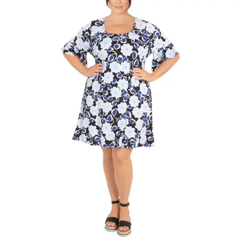 Larky Lark Womens Short Sleeve Floral Plus Fit + Flare Dress