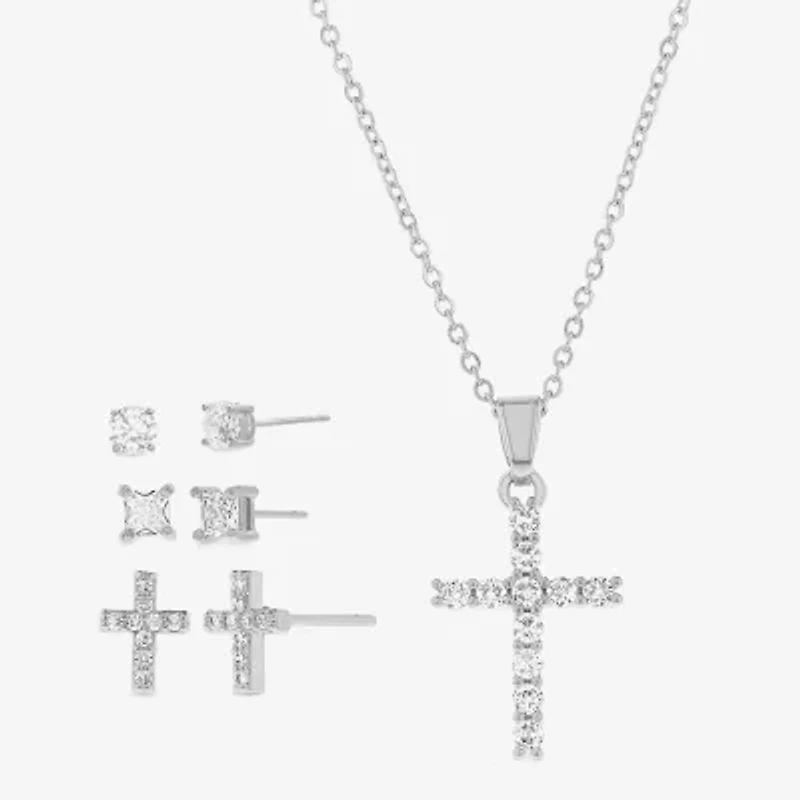 olivia and jackson Womens Cubic Zirconia Pure Silver Over Brass Cross 5-pc. Jewelry Set