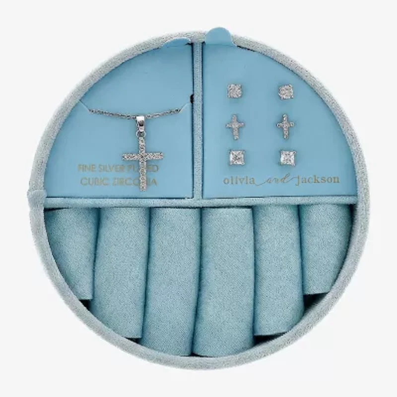 olivia and jackson Womens Cubic Zirconia Pure Silver Over Brass Cross 5-pc. Jewelry Set