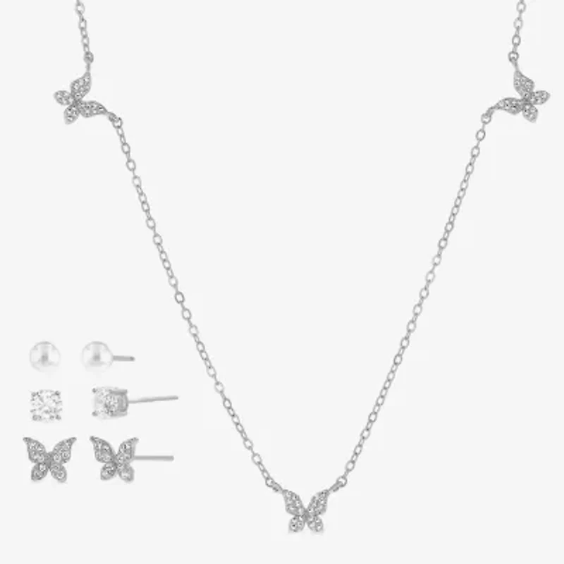 olivia and jackson Womens Cubic Zirconia Simulated Pearl Pure Silver Over Brass Butterfly 5-pc. Jewelry Set