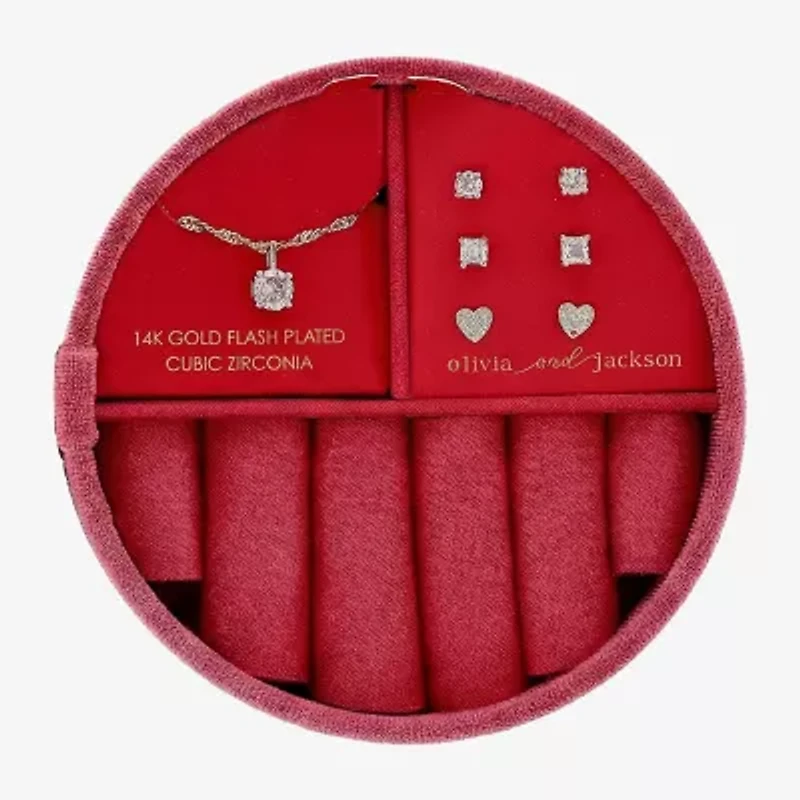 olivia and jackson Womens Cubic Zirconia 14K Gold Over Brass Heart Round 5-pc. Jewelry Set