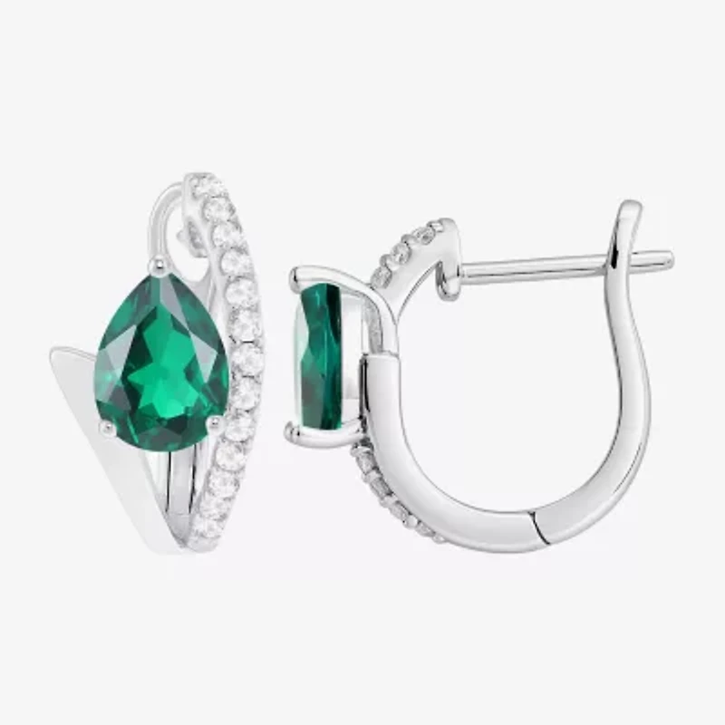 Womens Lab Created Gemstone Sterling Silver 14mm Pear Hoop Earrings