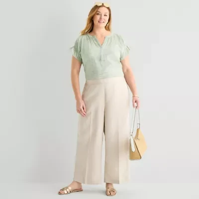 Liz Claiborne Linen Womens Plus Wide Leg Mid Rise Pull-On Pant
