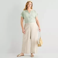 Liz Claiborne Linen Womens Plus Wide Leg Mid Rise Pull-On Pant