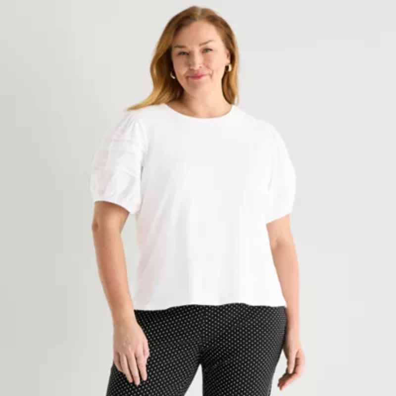 Liz Claiborne Womens Plus Round Neck Short Sleeve Blouse