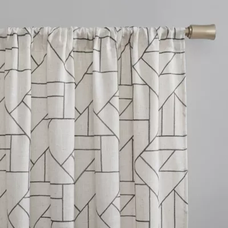Archaeo Jigsaw Embroidery Linen Blend Rod Pocket Sheer Single Curtain Panel