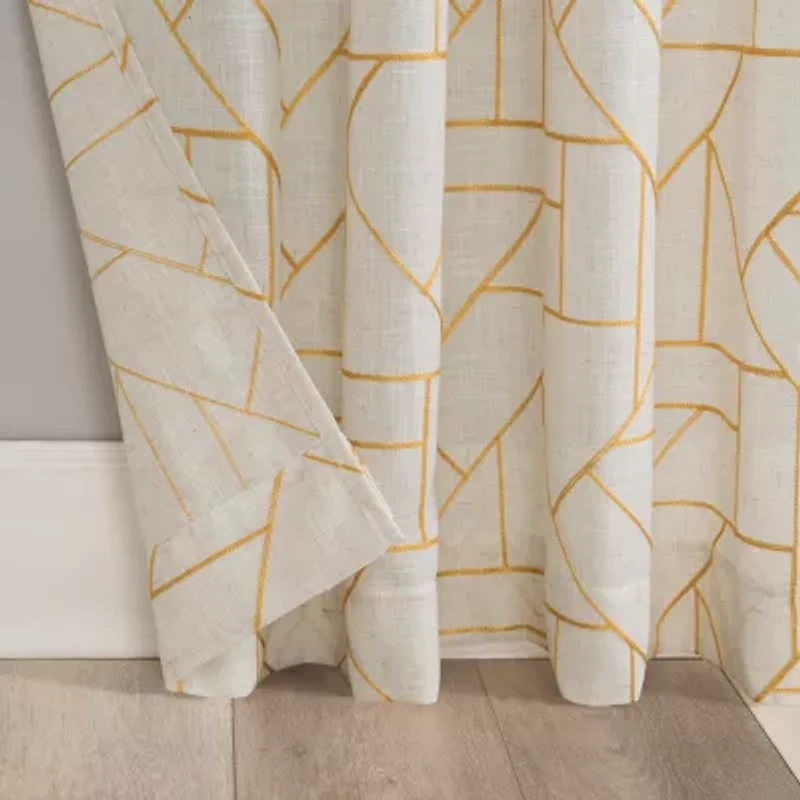 Archaeo Jigsaw Embroidery Linen Blend Rod Pocket Sheer Single Curtain Panel