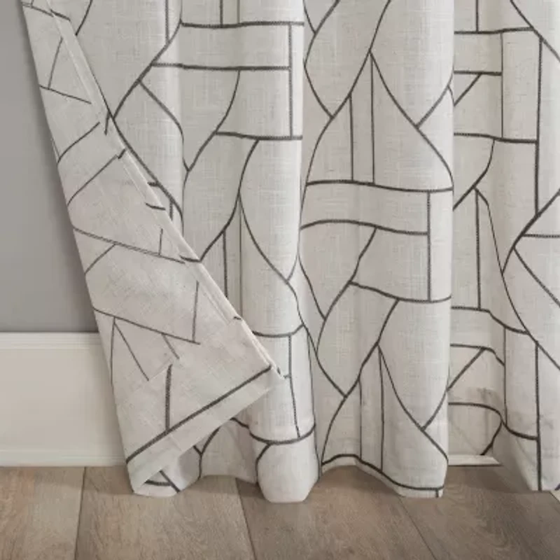 Archaeo Jigsaw Embroidery Linen Blend Rod Pocket Sheer Single Curtain Panel