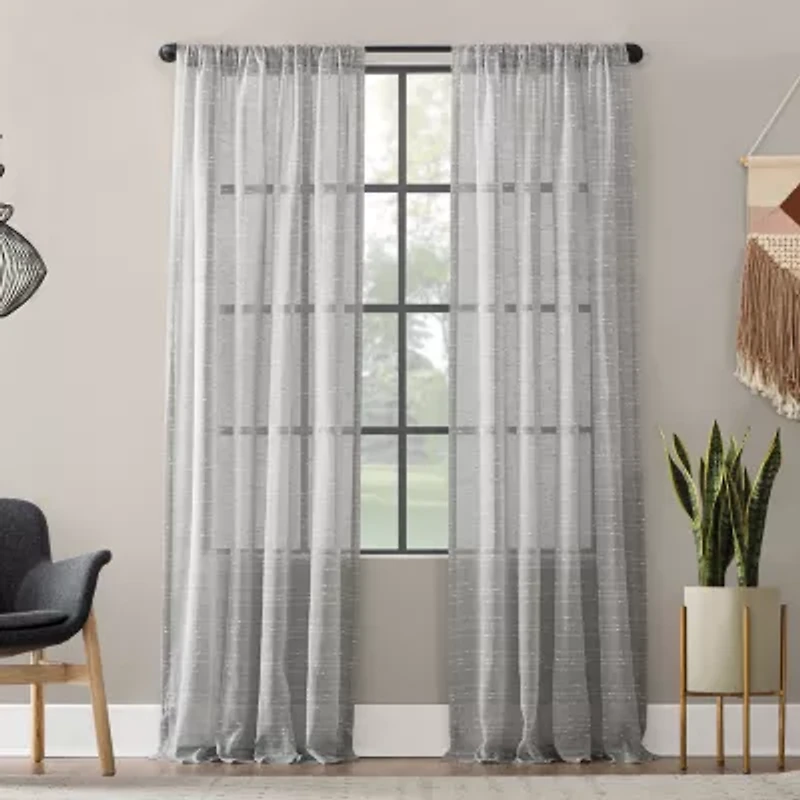 Clean Window Textured Slub Stripe Rod Pocket Sheer Single Curtain Panel