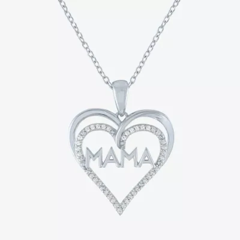 "Mama" Womens 1/10 CT. T.W. Natural White Diamond Sterling Silver Heart 18 Inch Pendant Necklace