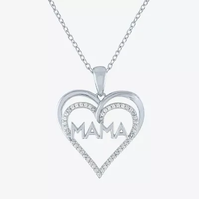 "Mama" Womens 1/10 CT. T.W. Natural White Diamond Sterling Silver Heart 18 Inch Pendant Necklace