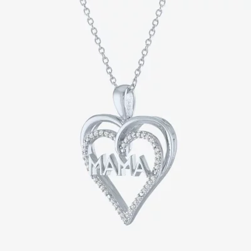 "Mama" Womens 1/10 CT. T.W. Natural White Diamond Sterling Silver Heart 18 Inch Pendant Necklace