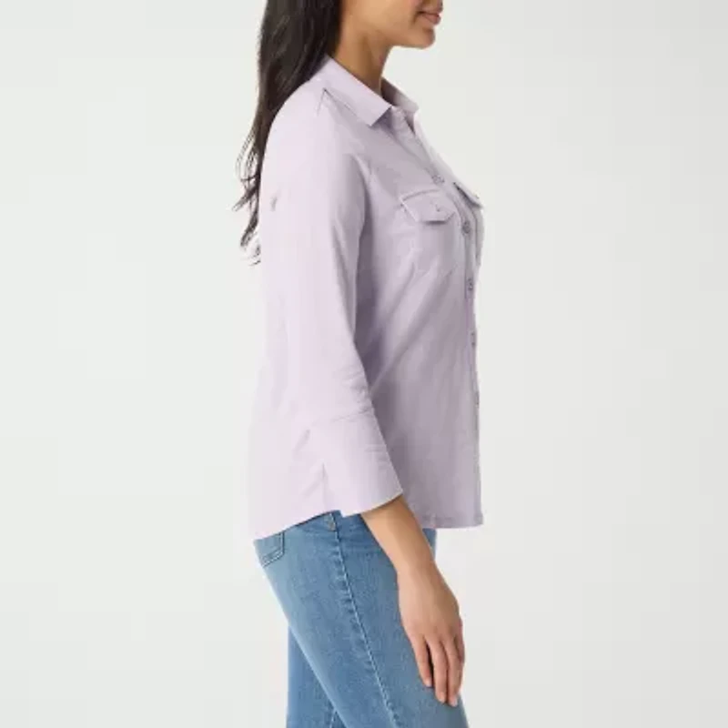 Gloria Vanderbilt Womens 3/4 Sleeve Regular Fit Button-Down Shirt