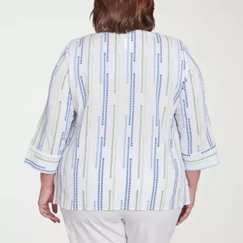 Alfred Dunner Parrot Cay Womens Crew Neck 3/4 Sleeve Plus Blouse