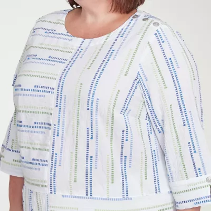 Alfred Dunner Parrot Cay Womens Crew Neck 3/4 Sleeve Plus Blouse