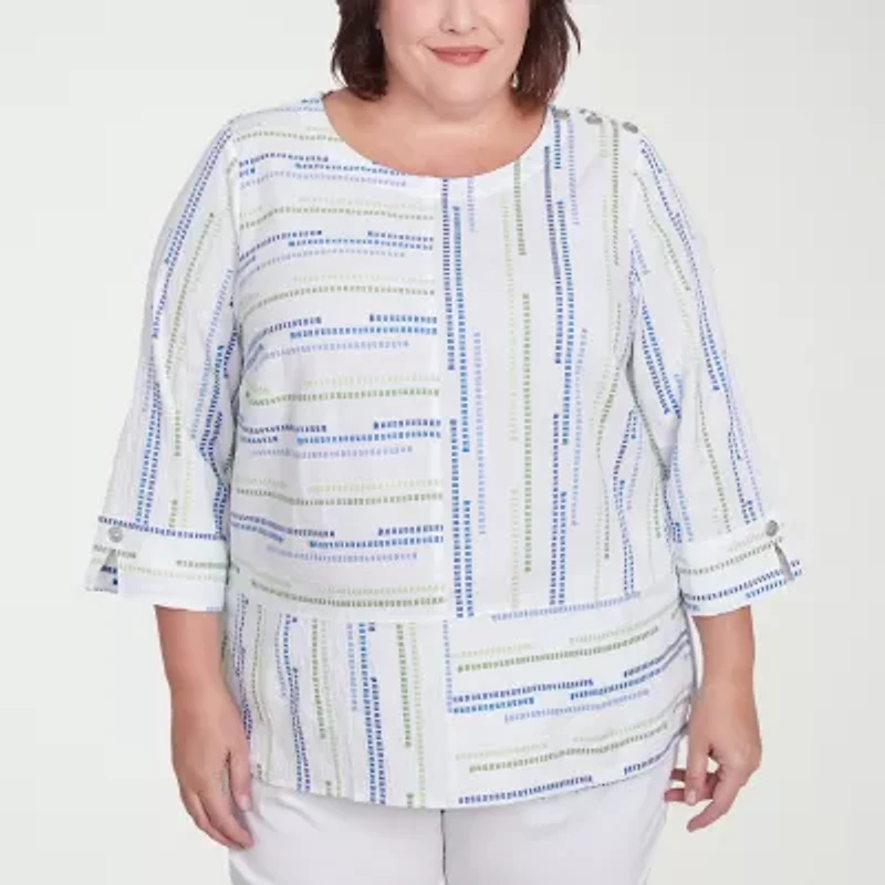 Alfred Dunner Parrot Cay Womens Crew Neck 3/4 Sleeve Plus Blouse