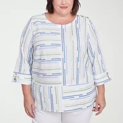 Alfred Dunner Parrot Cay Womens Crew Neck 3/4 Sleeve Plus Blouse