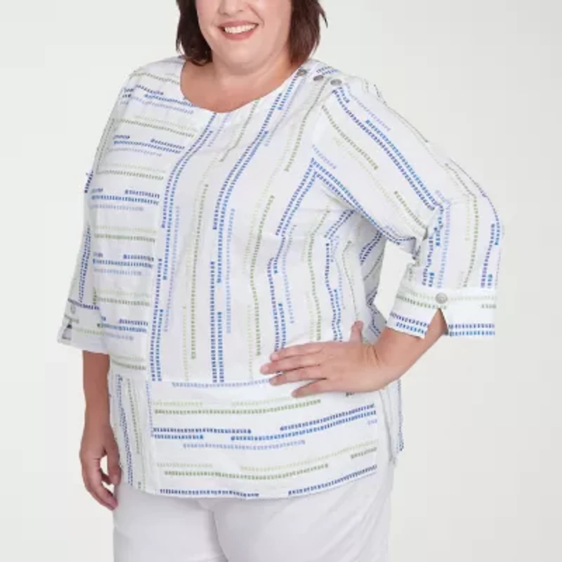 Alfred Dunner Parrot Cay Womens Crew Neck 3/4 Sleeve Plus Blouse