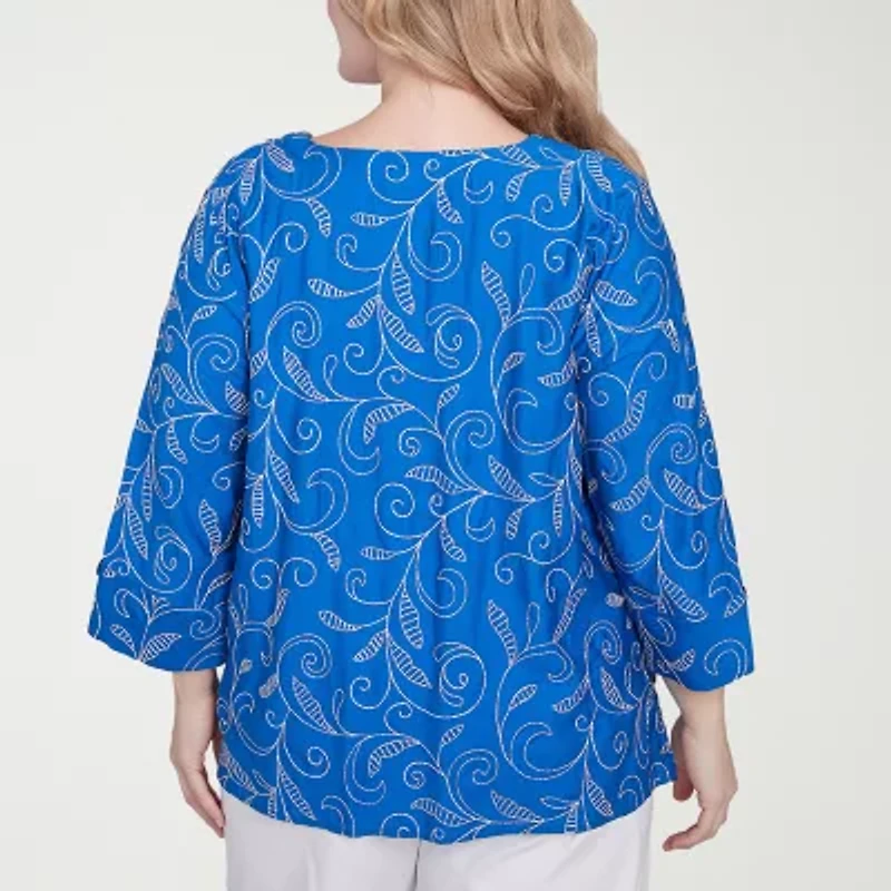 Alfred Dunner Parrot Cay Womens V Neck 3/4 Sleeve Embroidered Plus Blouse