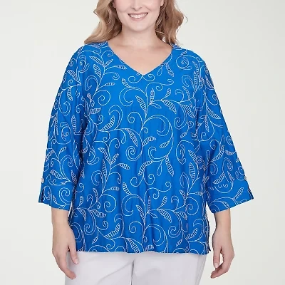 Alfred Dunner Parrot Cay Womens V Neck 3/4 Sleeve Embroidered Plus Blouse
