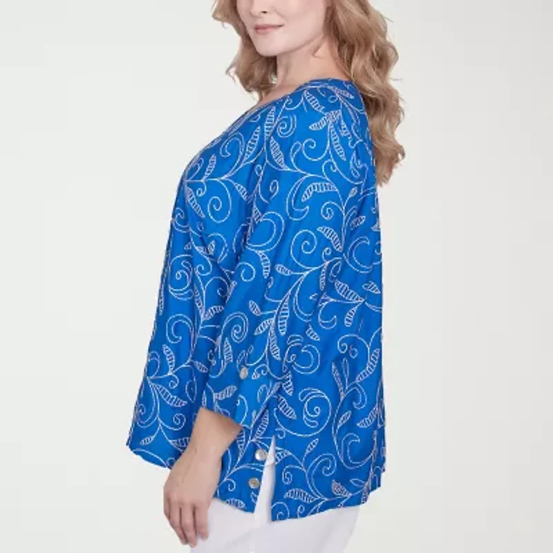 Alfred Dunner Parrot Cay Womens V Neck 3/4 Sleeve Embroidered Plus Blouse