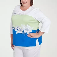 Alfred Dunner Parrot Cay Womens Crew Neck 3/4 Sleeve Plus T-Shirt