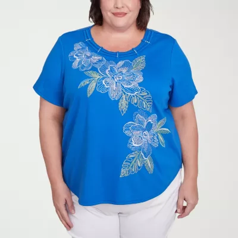 Alfred Dunner Parrot Cay Womens Crew Neck Short Sleeve Plus T-Shirt