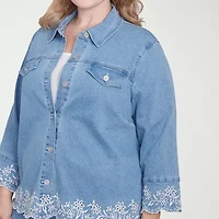 Alfred Dunner Flower Power Womens Denim Lightweight Plus Jacket