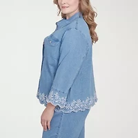 Alfred Dunner Flower Power Womens Denim Lightweight Plus Jacket