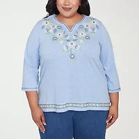 Alfred Dunner Flower Power Womens Split Crew Neck 3/4 Sleeve Plus T-Shirt