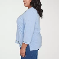 Alfred Dunner Flower Power Womens Split Crew Neck 3/4 Sleeve Plus T-Shirt